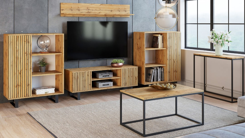 Szafka RTV 135 cm loft dąb craft złoty – lamele