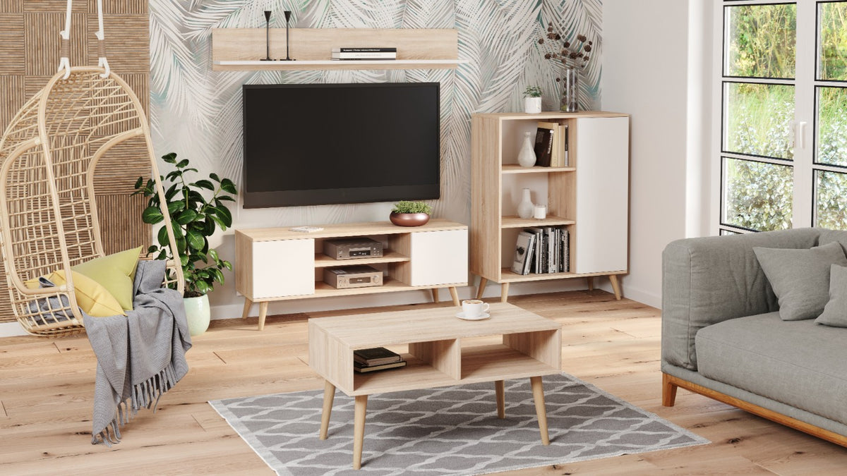 Szafka RTV 155 cm skandynawska dąb sonoma – biel