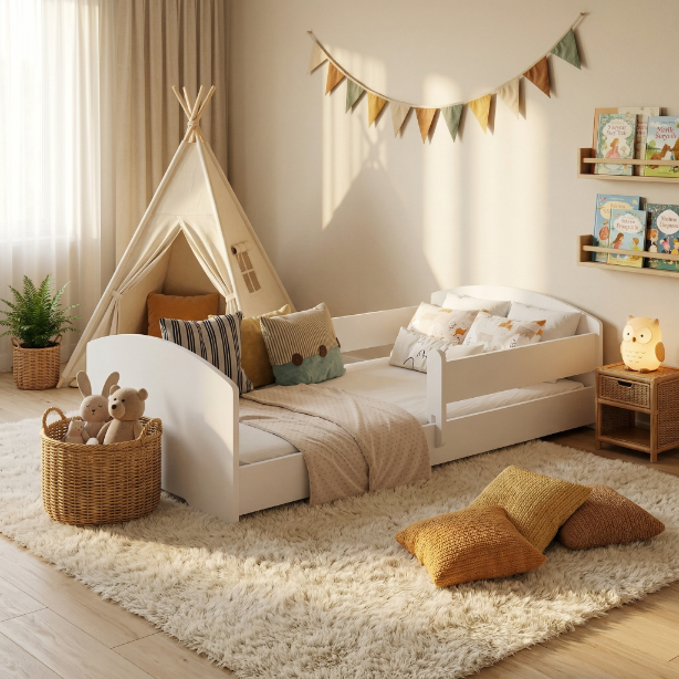 Łóżko dziecięce Montessori Leo 140×70 cm – niskie łóżko z barierką
