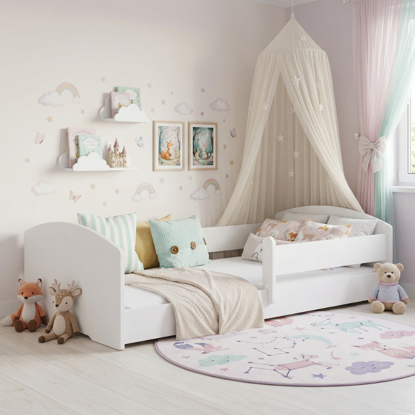 Łóżko dziecięce Montessori Leo 140×70 cm – niskie łóżko z barierką