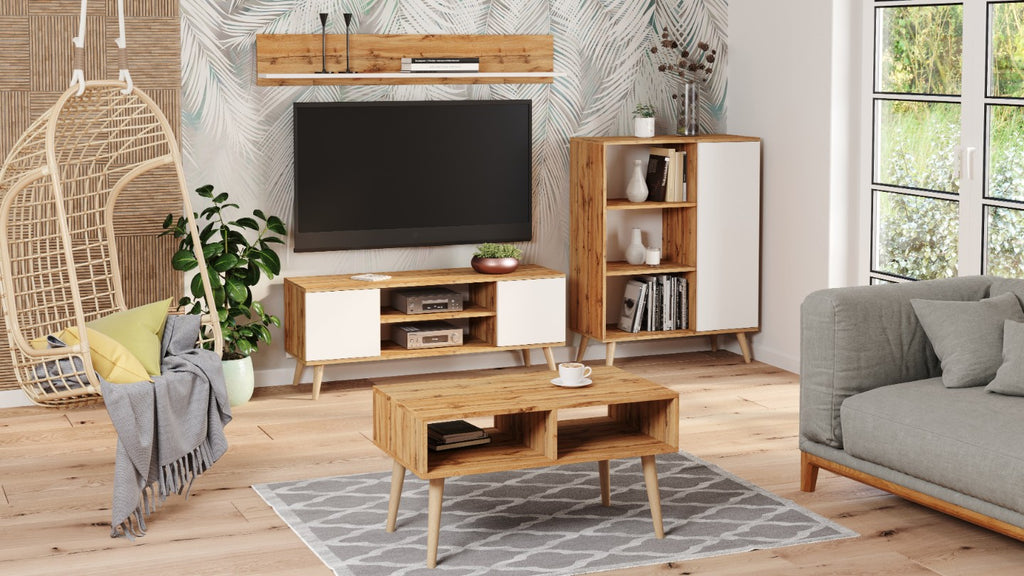 Szafka RTV 135 cm skandynawska dąb craft złoty-biel