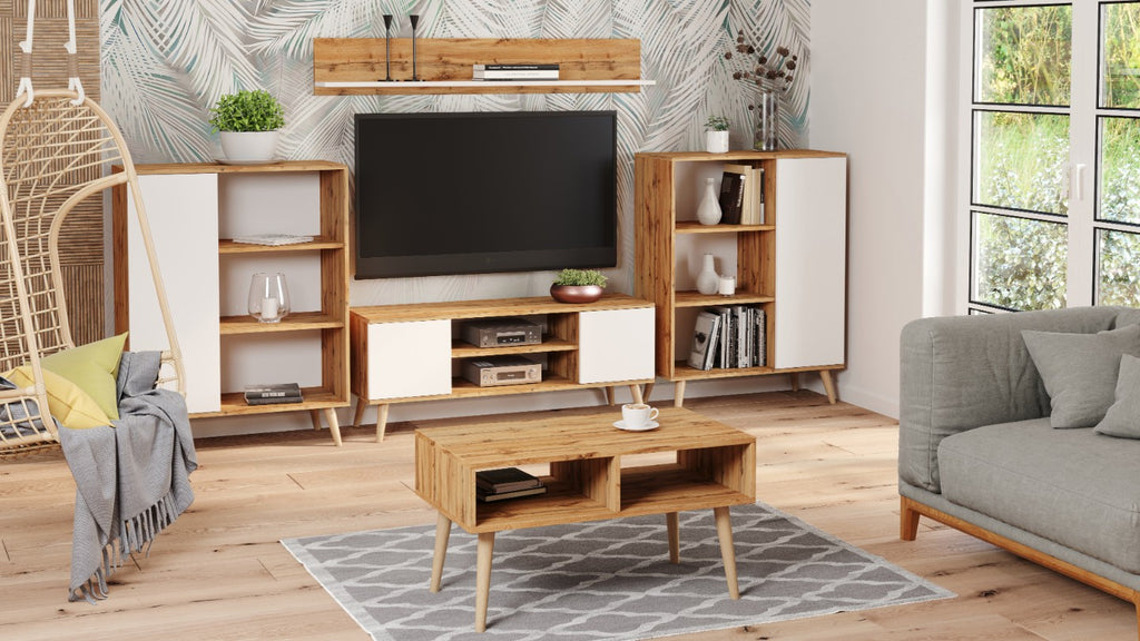 Szafka RTV 155 cm skandynawska dąb craft złoty – biel