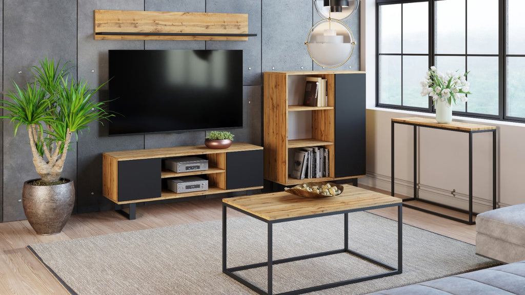Szafka RTV 155 cm loft dąb craft złoty – czarny