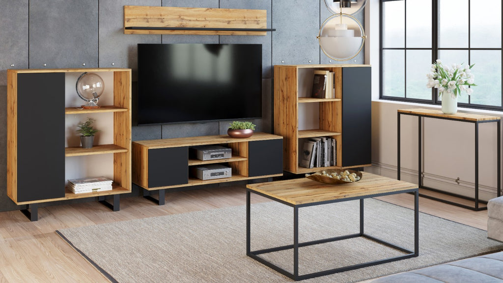 Szafka RTV 155 cm loft dąb craft złoty – czarny