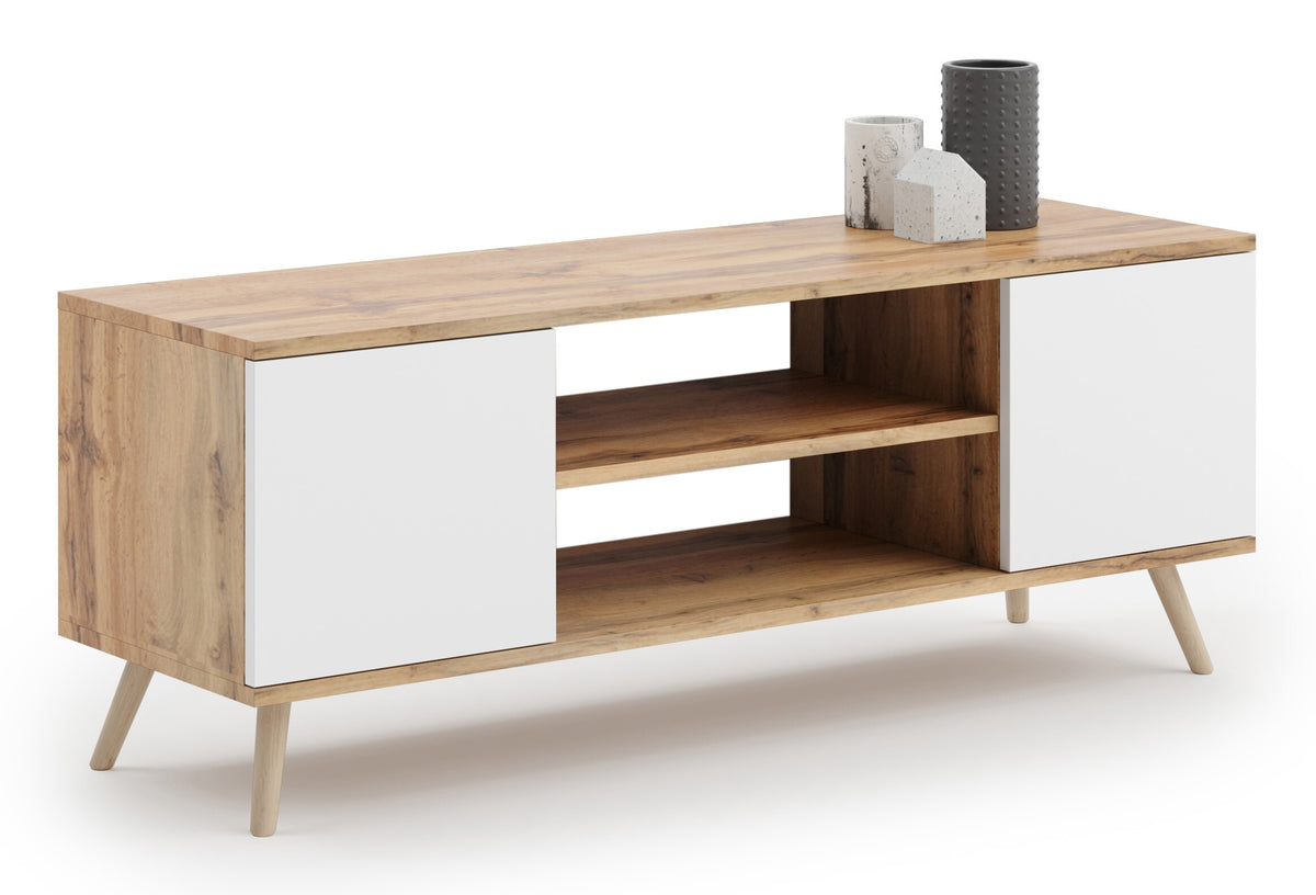 Szafka RTV 135 cm skandynawska dąb craft złoty-biel