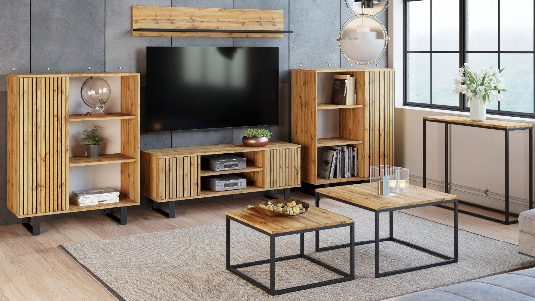 Szafka RTV 135 cm loft dąb craft złoty – lamele