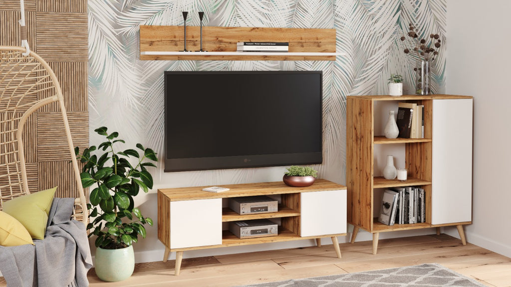 Szafka RTV 155 cm skandynawska dąb craft złoty – biel