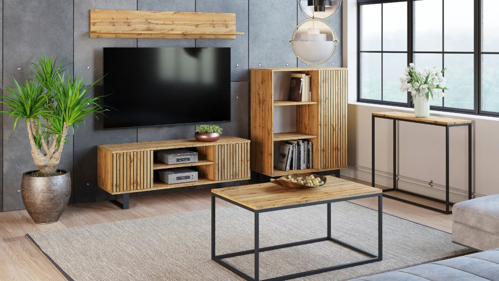 Szafka RTV 155 cm loft dąb craft złoty – lamele