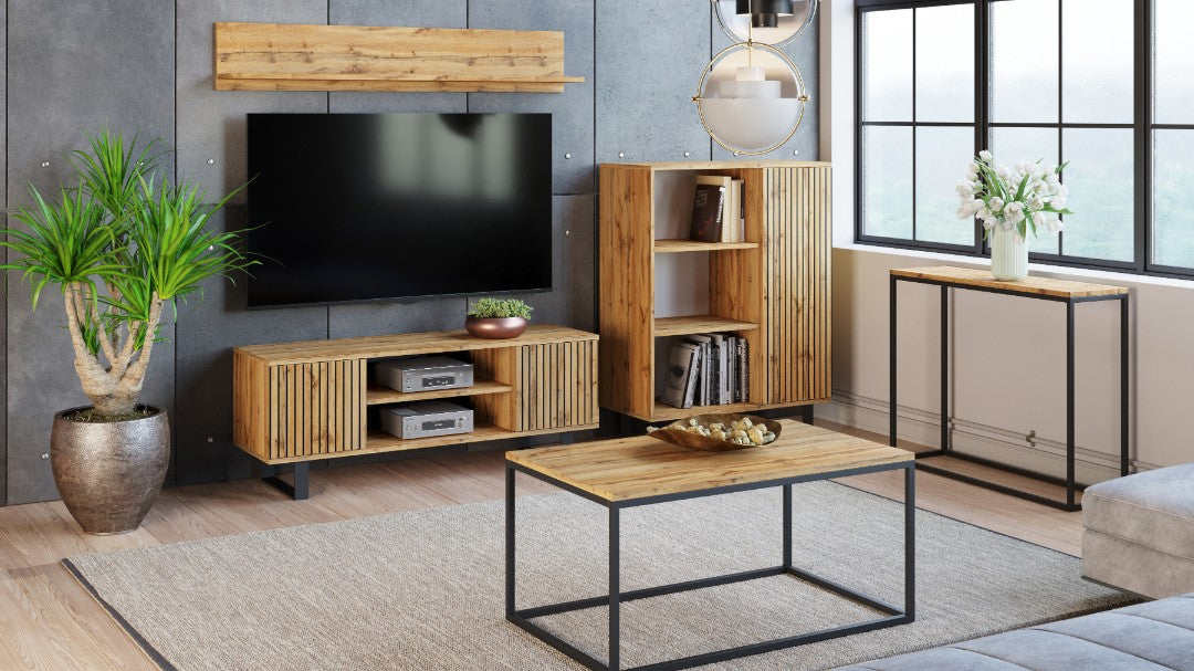 Szafka RTV 155 cm loft dąb craft złoty – lamele