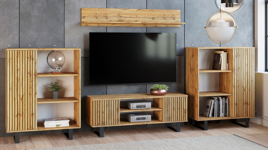 Szafka RTV 135 cm loft dąb craft złoty – lamele