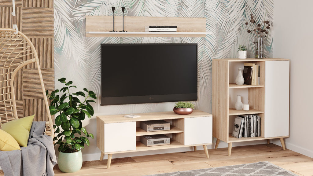 Szafka RTV 155 cm skandynawska dąb sonoma – biel