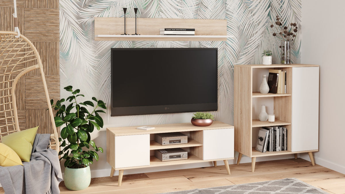 Szafka RTV 155 cm skandynawska dąb sonoma – biel