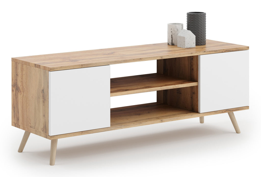 Szafka RTV 155 cm skandynawska dąb craft złoty – biel