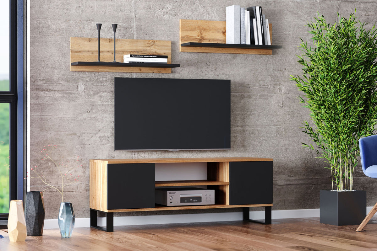 Szafka RTV 135 cm loft dąb craft złoty – czarny