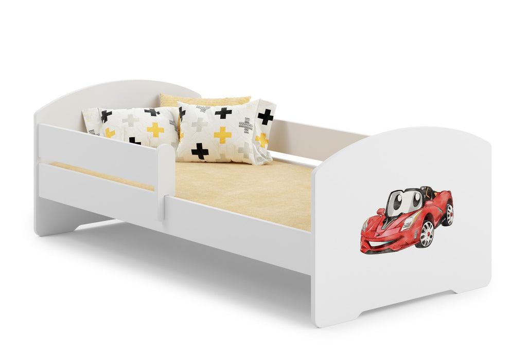 Łóżko dziecięce Luk z barierką 140×70 cm Auto chorągiewką