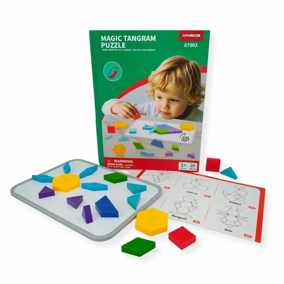 Klocki magnetyczne Tangram 20 el. układanka Z tablicą, od 3 lat