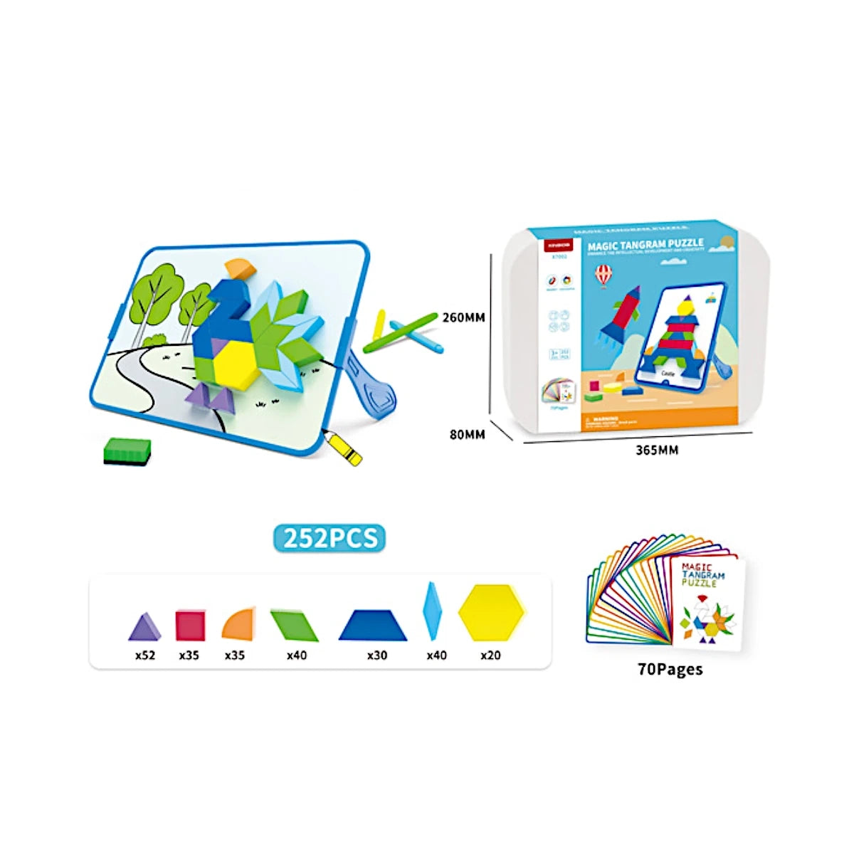 Magnetyczna mozaika klocki Tangram z tablicą 252 el. + karty pracy, od 3 lat