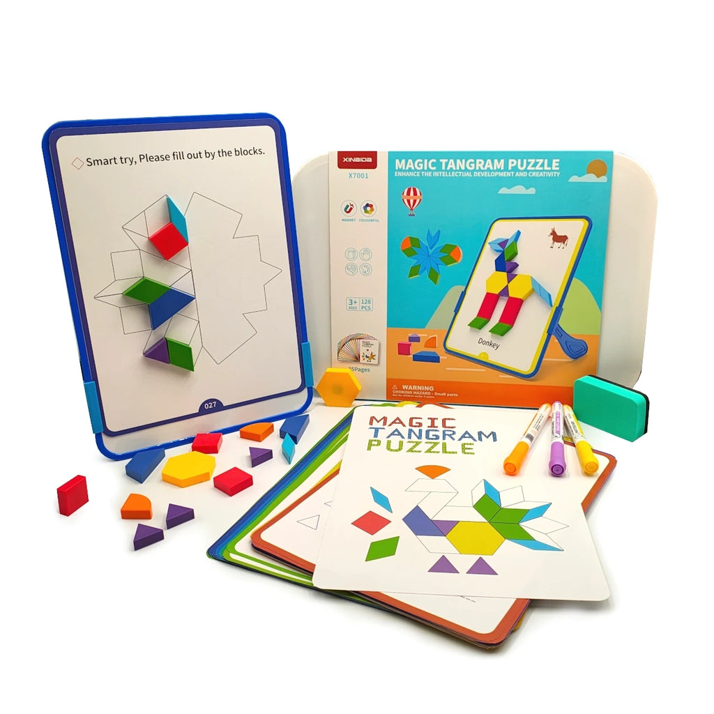 Magnetyczna mozaika klocki Tangram z tablicą 252 el. + karty pracy, od 3 lat