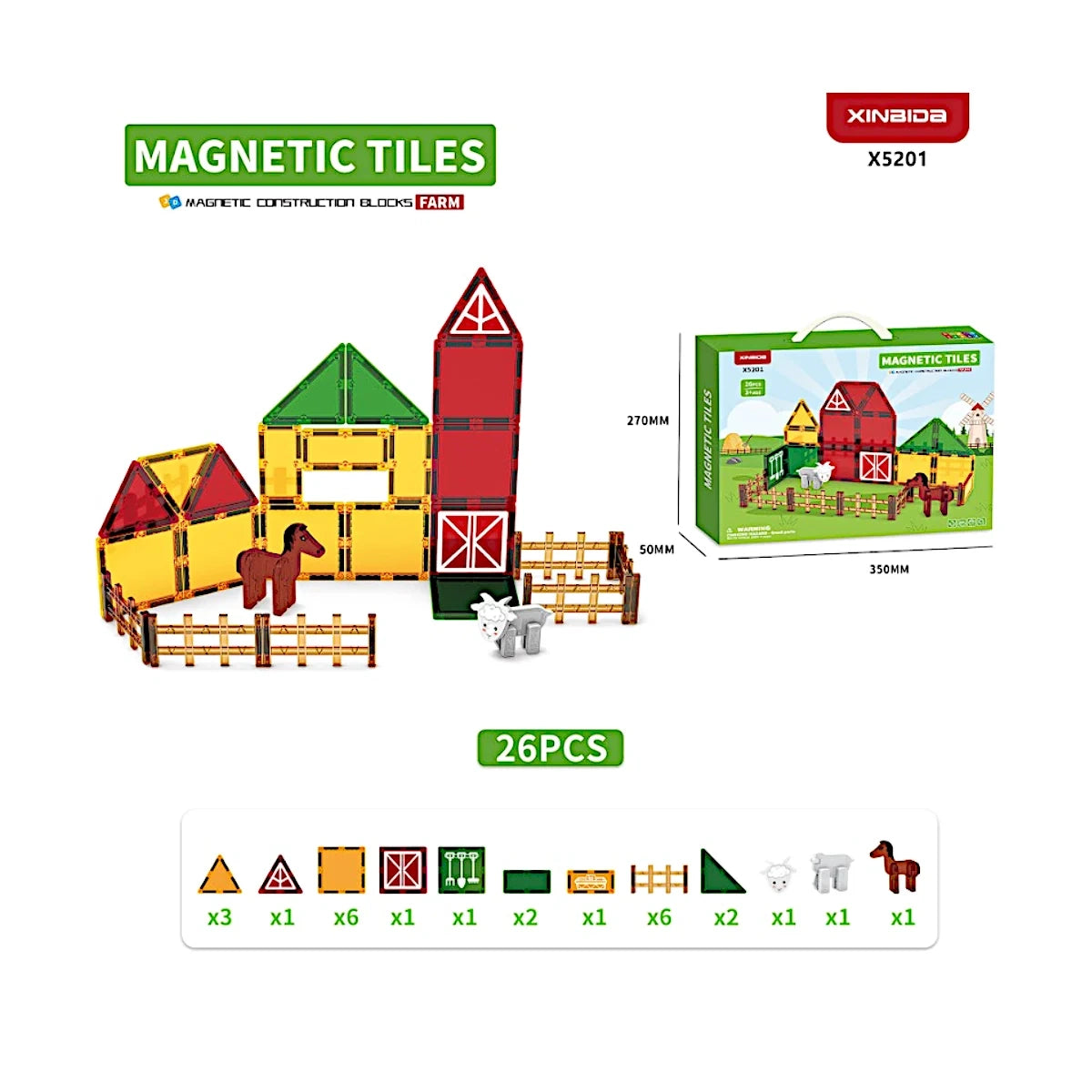 Klocki magnetyczne farma 26 el. Magnetic Tiles, od 3 lat