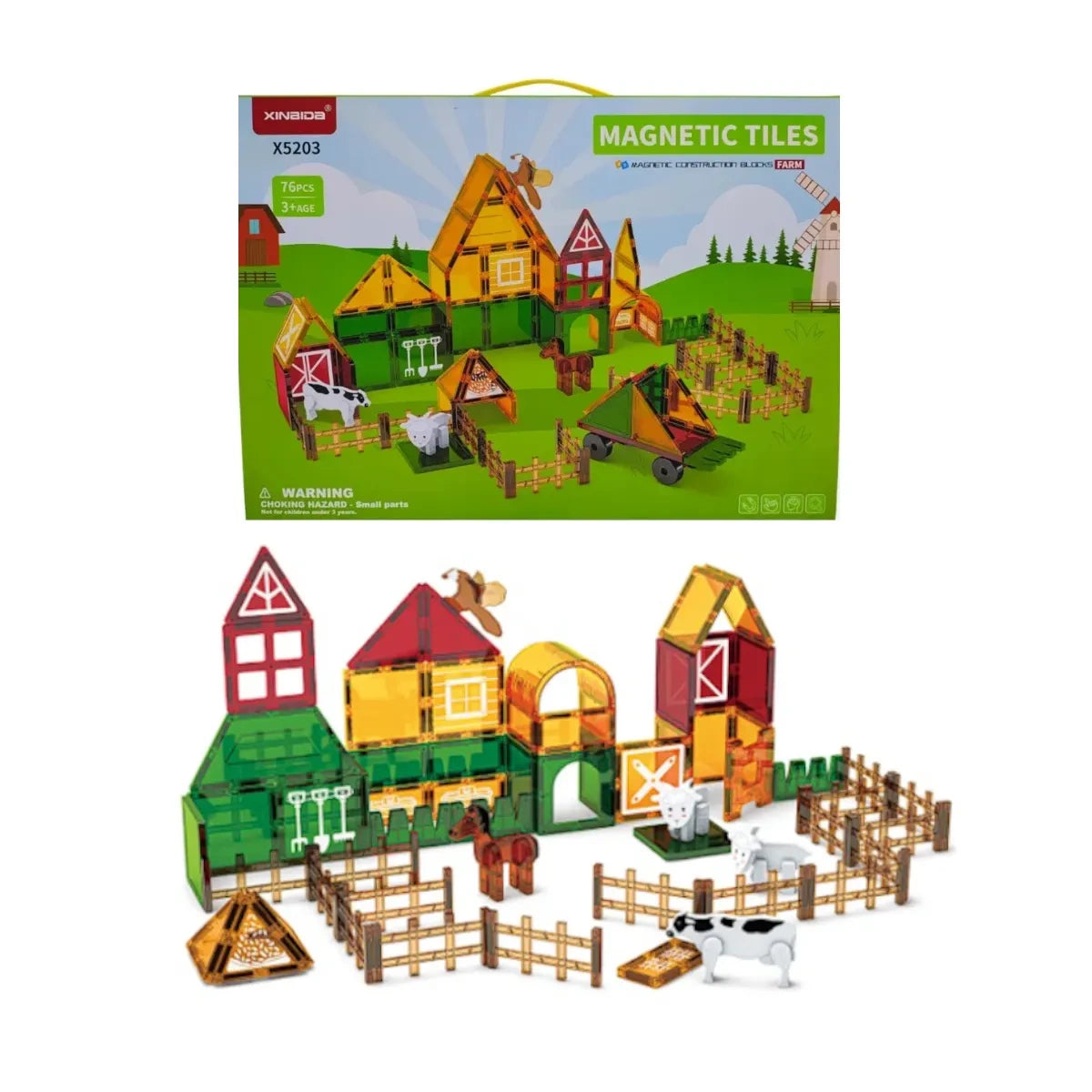 Klocki magnetyczne farma 76 el. Magnetic Tiles, od 3 lat