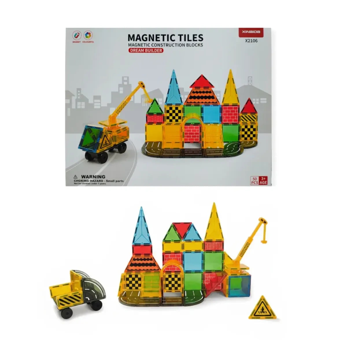 Klocki magnetyczne plac budowy 50 el. przezroczyste Magnetic Tiles, od 3 lat