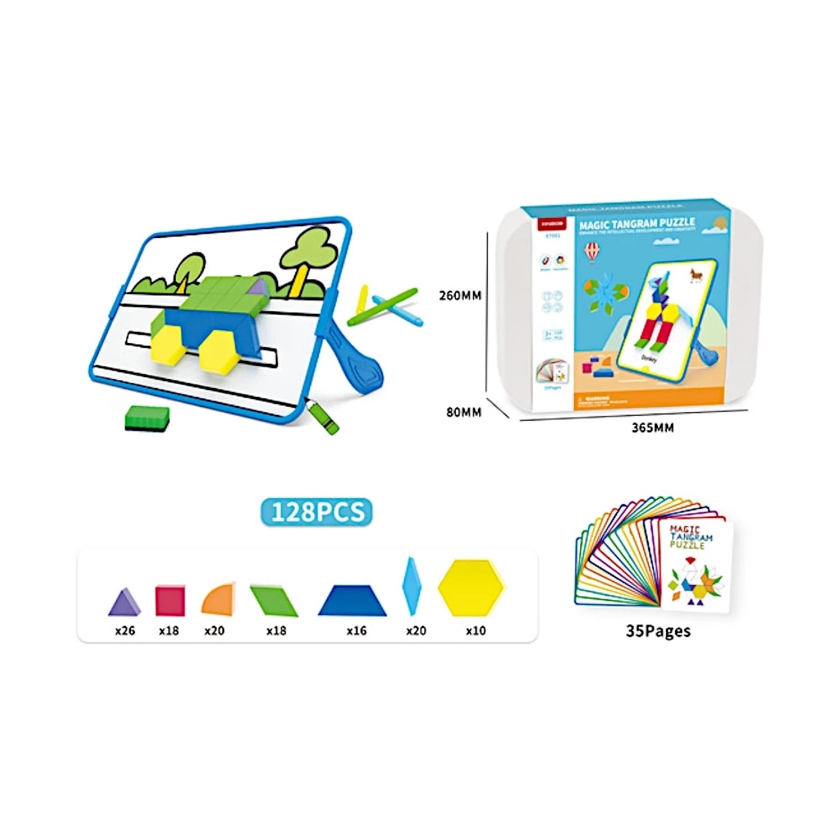 Magnetyczna mozaika Tangram z tablicą 128 el. + karty pracy, od 3 lat