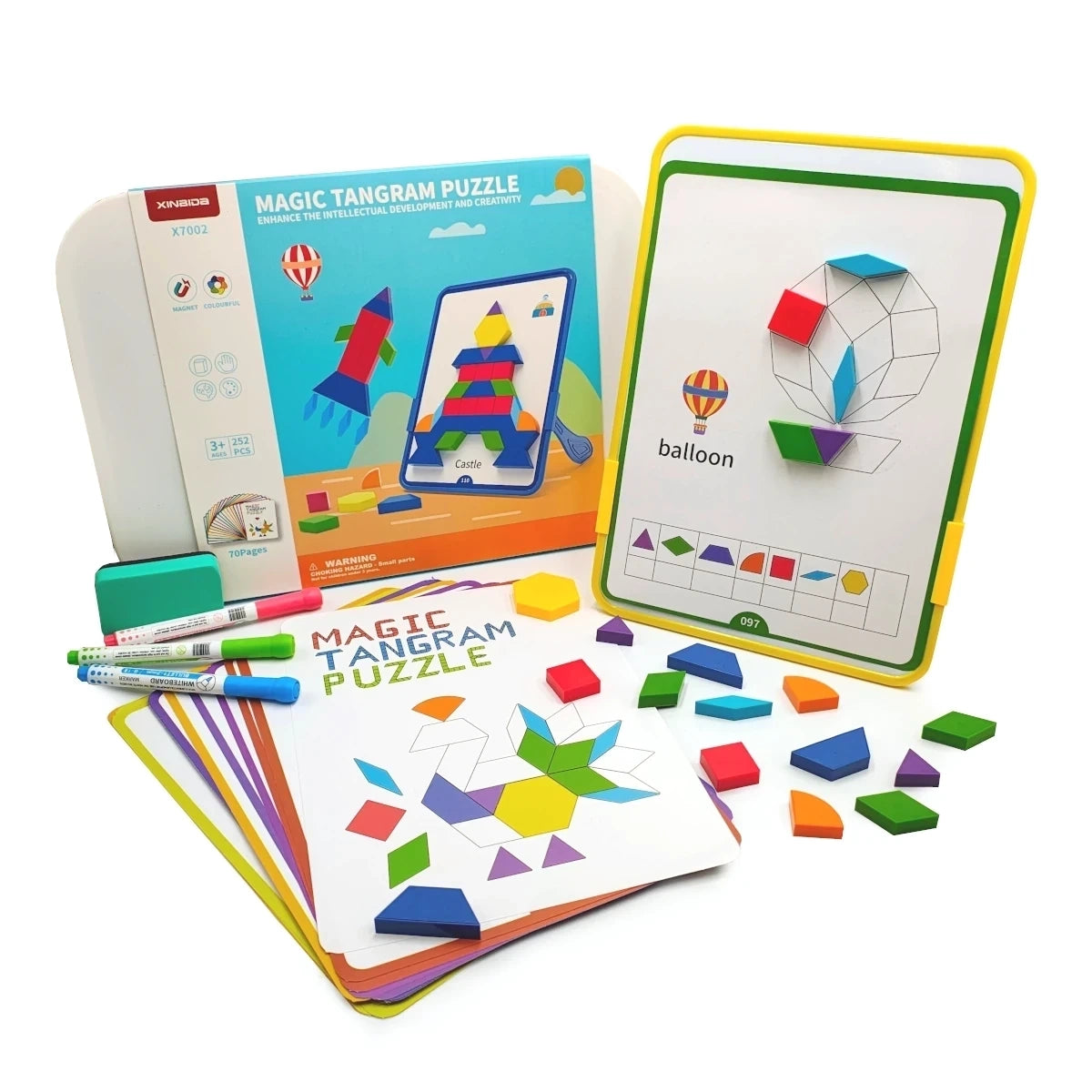 Magnetyczna mozaika Tangram z tablicą 128 el. + karty pracy, od 3 lat
