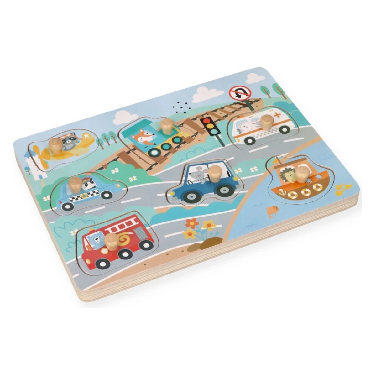 Puzzle dźwiękowe Pojazdy drewniana układanka, od 1 roku