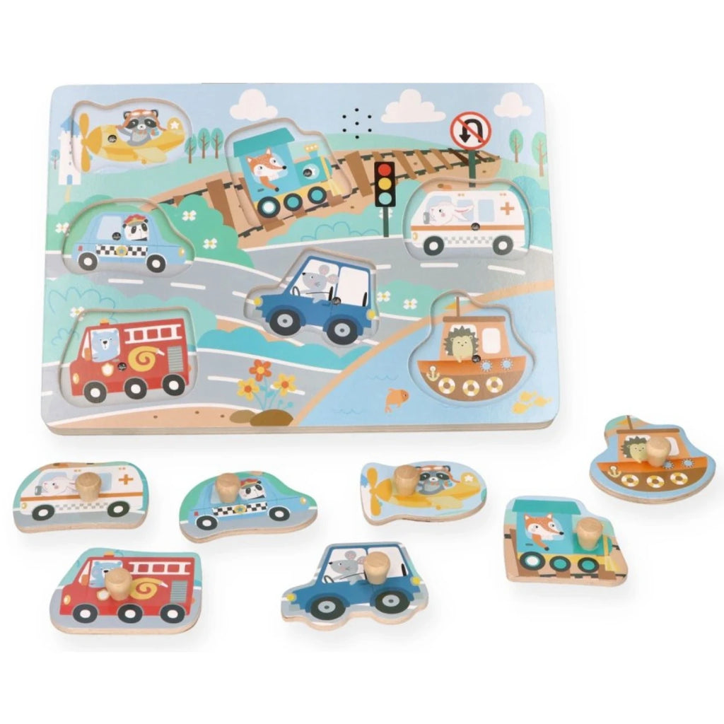 Puzzle dźwiękowe Pojazdy drewniana układanka, od 1 roku