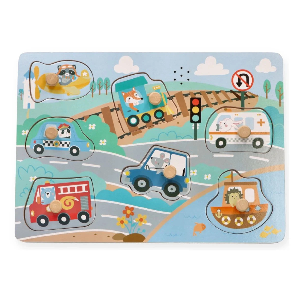 Puzzle dźwiękowe Pojazdy drewniana układanka, od 1 roku