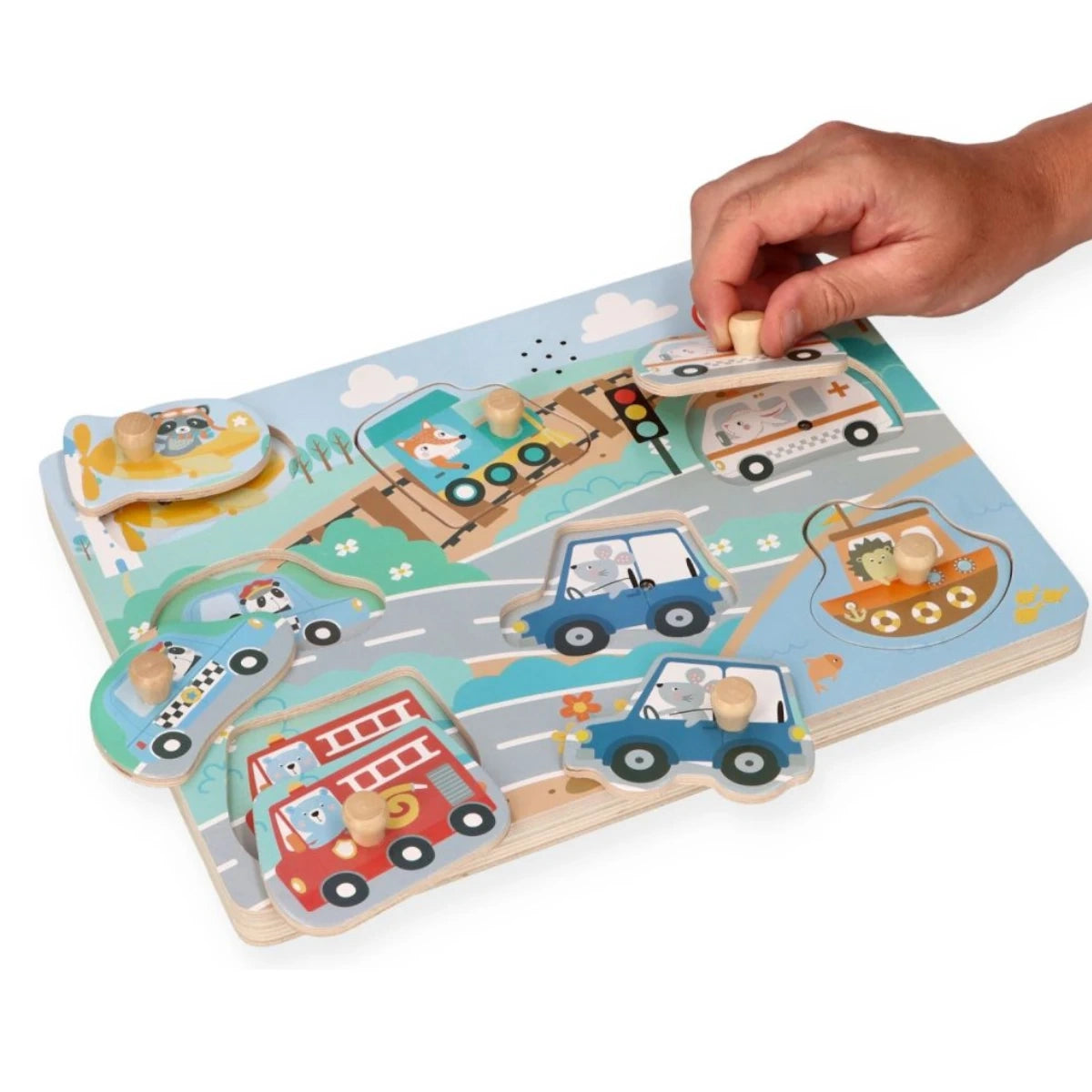 Puzzle dźwiękowe Pojazdy drewniana układanka, od 1 roku