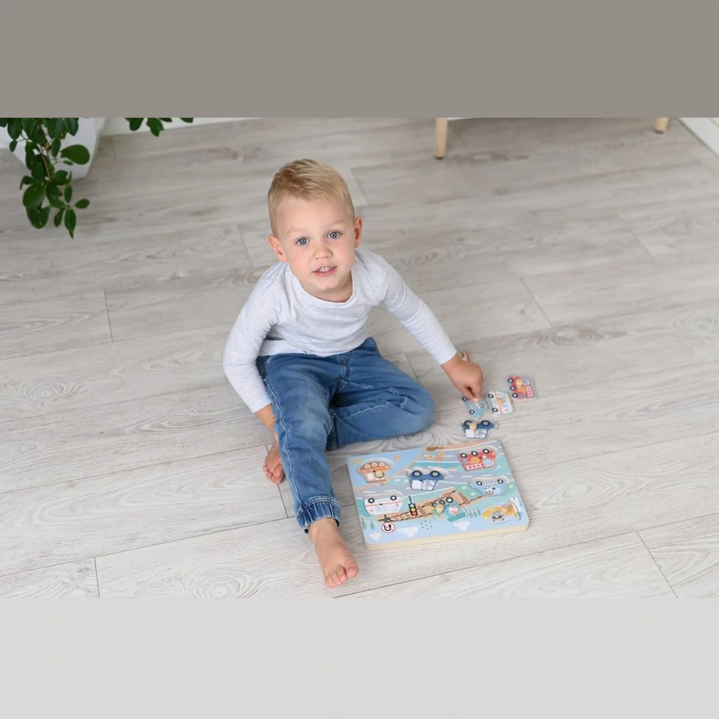 Puzzle dźwiękowe Pojazdy drewniana układanka, od 1 roku