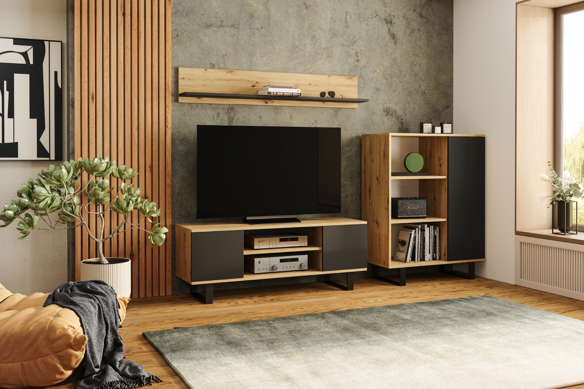 Szafka RTV Focus 135 cm – loft Dąb artisan czarny