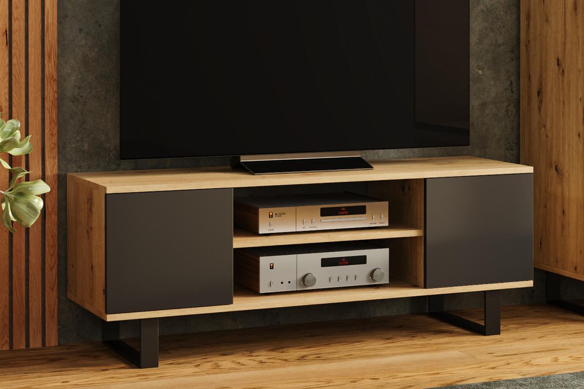 Szafka RTV Focus 155 cm – nogi metalowe Dąb artisan czarny